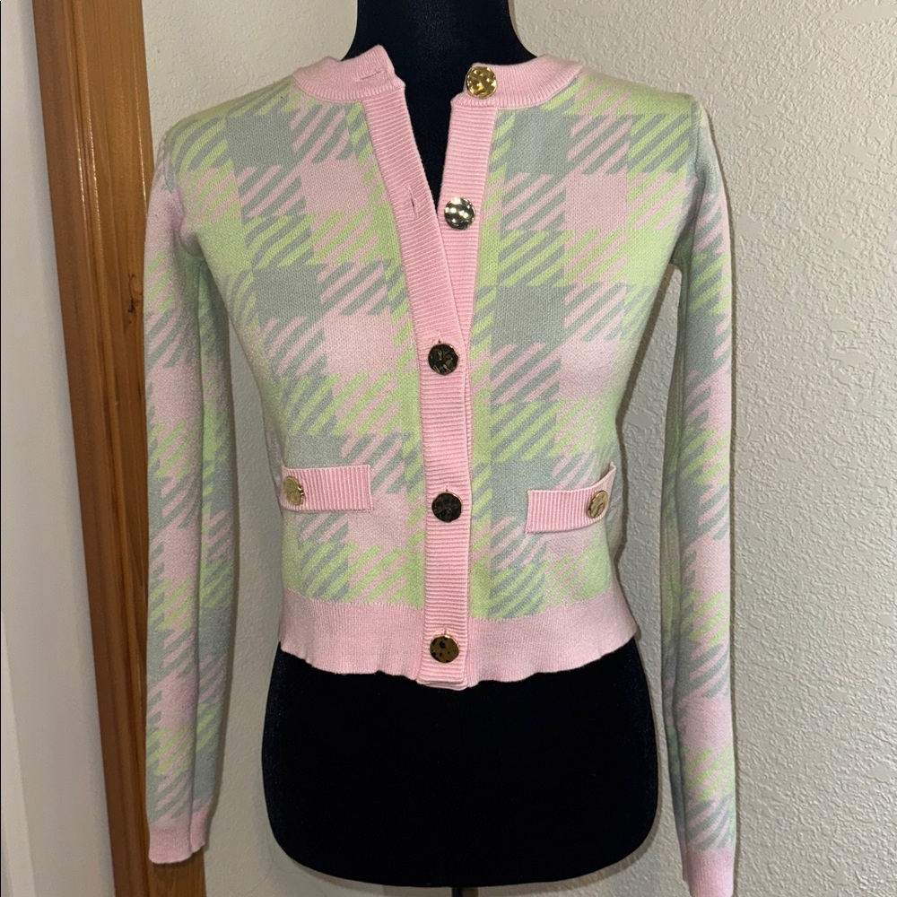 Plaid Cardigan with Gold Buttons